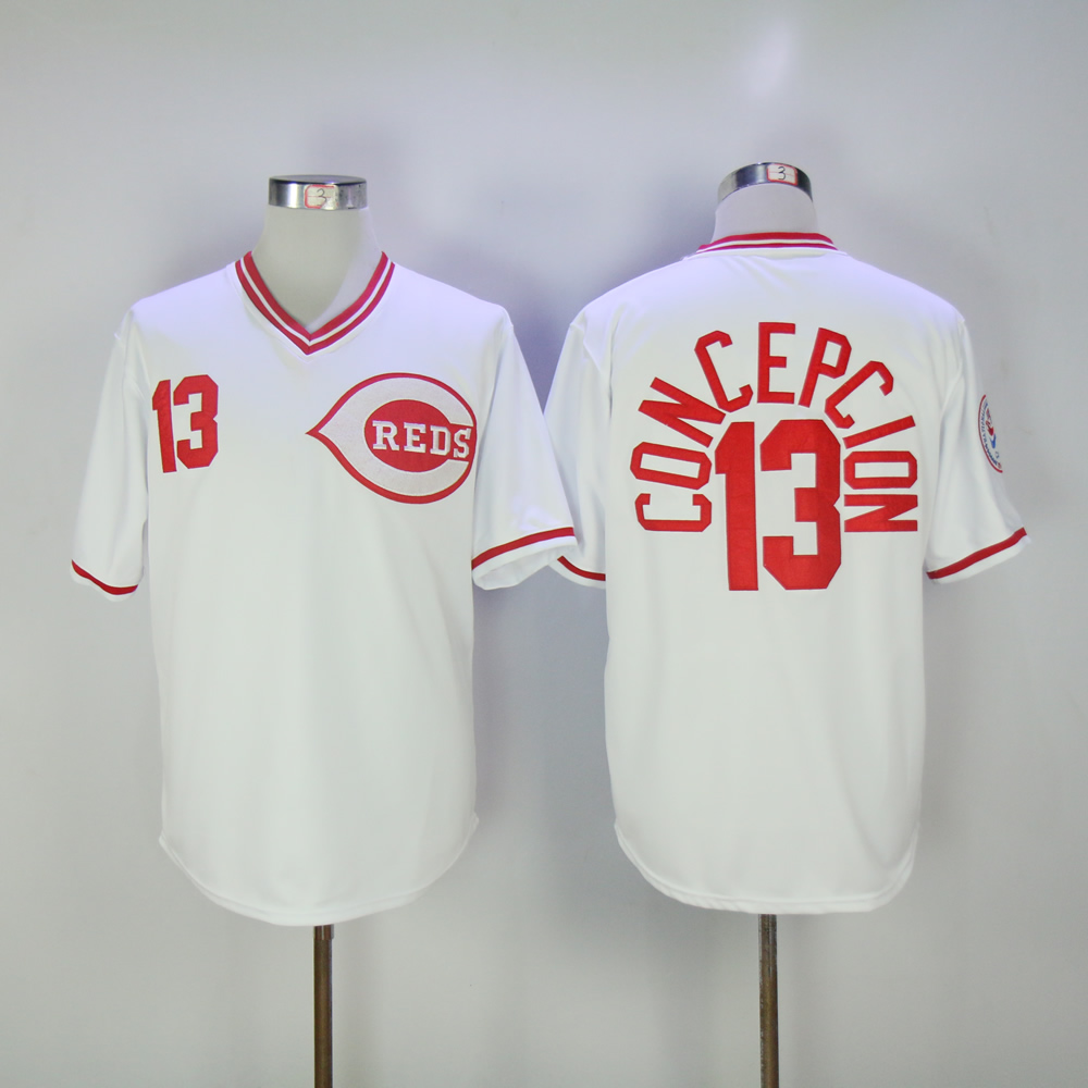 Men MLB Cincinnati Reds 13 Concepcion white throwback jerseys